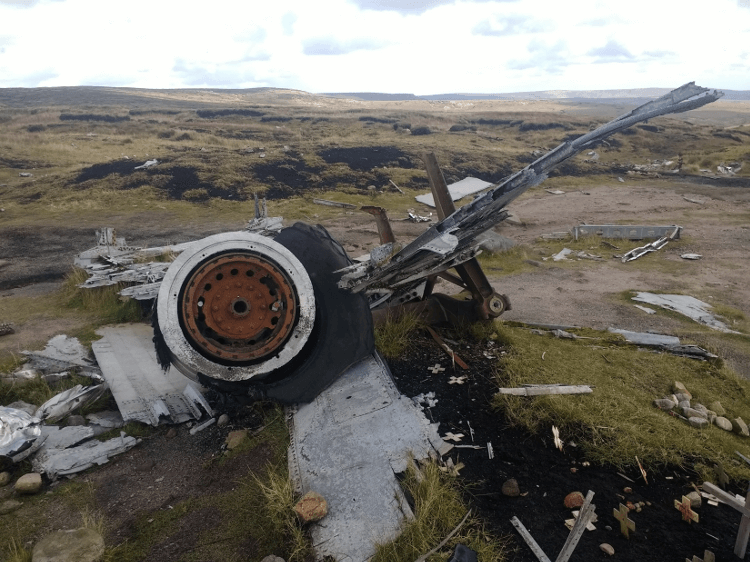 The surviving wheel of the crashed plane.